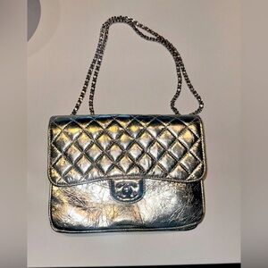 Chanel Metallic  Light Gold Crackled Leather Medium Clam's Pocket Flap Bag